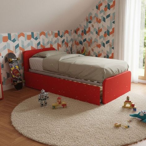 Letto singolo con letto estraibile, trasformabile in matrimoniale. Testate personalizzabili, reti in acciaio e doghe in faggio - Rosso