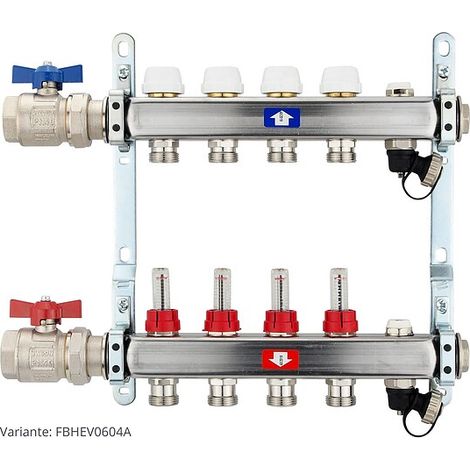 Fußbodenheizungsverteiler aus Edelstahl mit Topmeter für 4 Heizkreise - mit Anschlussset waagrecht (1/3)