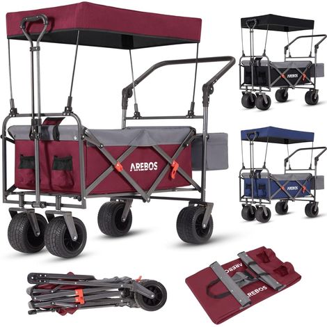 Arebos – Chariot de jardin pliable 100 kg – Toit solaire amovible – Roues tout-terrain pivotantes 360° – Sac XXL intégré