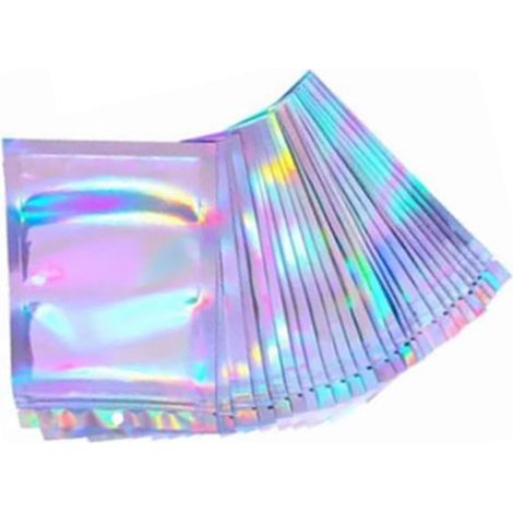 100 sachets cellophane holographiques à fermeture automatique, 9 x 12 cm, à effet irisé, pour bonbons et biscuits. (1/5)