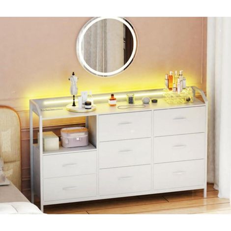 Commode 8 tiroirs avec bande LED 10 couleurs, 2 USB, 2 prises AC