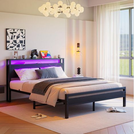 Cama 140x190 de metal con almacenamiento, USB-C y LED, negro OKMYHOME (1/5)