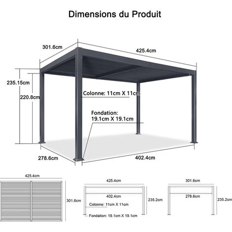 PURPLE LEAF Pergola Bioclimatique Aluminium 3 x 4,25 m, Lames Orientables, Imperméable, Gris (1/5)
