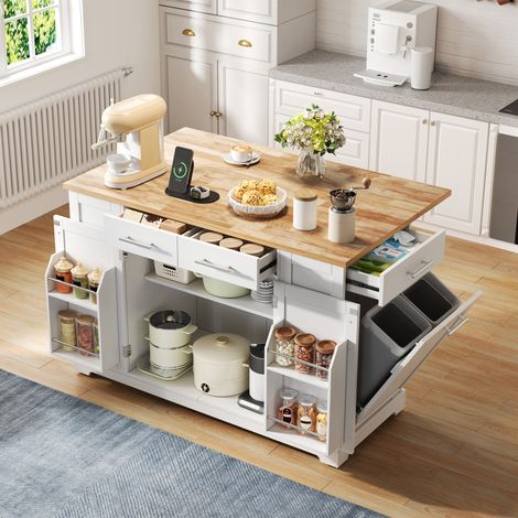 Modernluxe - Îlot central de cuisine mobile avec prise et poubelle coulissante, 3 tiroirs et 3 portes - blanc et naturel