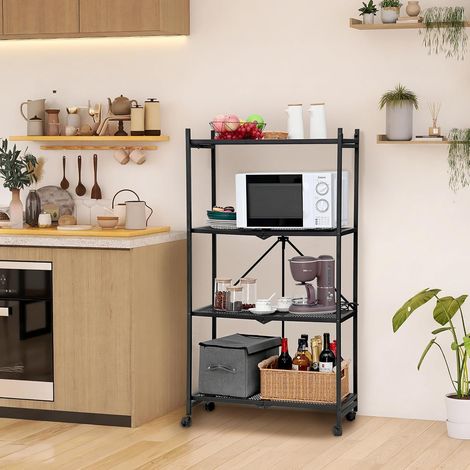 Desserte à roulettes Pliante à 4 étages, Chariot de Service, Chariot de Cuisine, 137 x 32,5 x 73,5 cm, Étagère de Rangement Pliable Multifonctionnelle, pour Cuisine, Bureau, Salle de Bain (1/5)