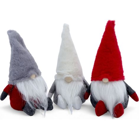 Weihnachtswichtel sitzend 25 cm mit Fellmütze - 3er Set - Wichtelmännchen aus Stoff mit Holznase zum Hinstellen