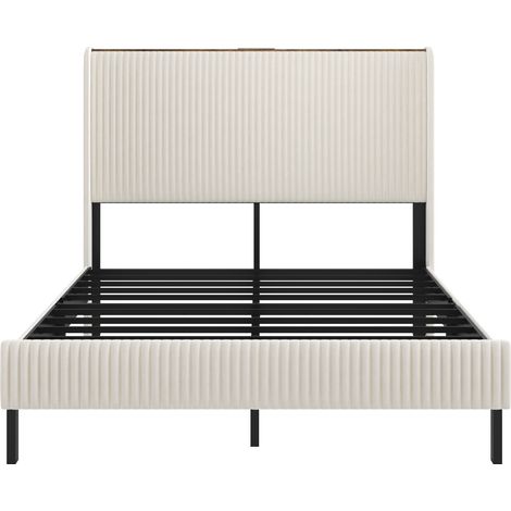 Cama plataforma tapizada 140 x 200 cm en tela acanalada beige con cabecero con alas (1/5)
