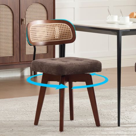 Set de 2 chaises pivotantes 360°, chaises cuisine style mid-century moderne, dossier tressé et assise rembourrée, pour salle à manger, chambre, coin repas et petit espace, marron, chenille (1/5)