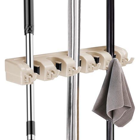 1 PC (Beige) Multifunctional Wall-Mounted Broom Holder, Wall Organizer for Mop and Broom with 5 Ball Slots and 6 Hooks (1/5)
