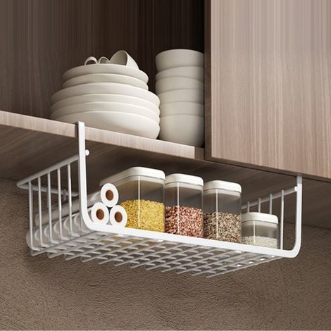 Étagère de rangement sous table, panier métallique multifonction en fil d'acier pour cuisine, bureau, garde-manger et bibliothèque, blanc, lot de 1 (1/3)