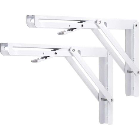 Support d' Étagère Pliable 300mm,2 Pièces Équerres Pliantes Charge Lourde Equerre Etagere Murale Blanc Console Rabattable pour Table Garage Cuisine Chambre, Charge Maximale 150kg (1/4)