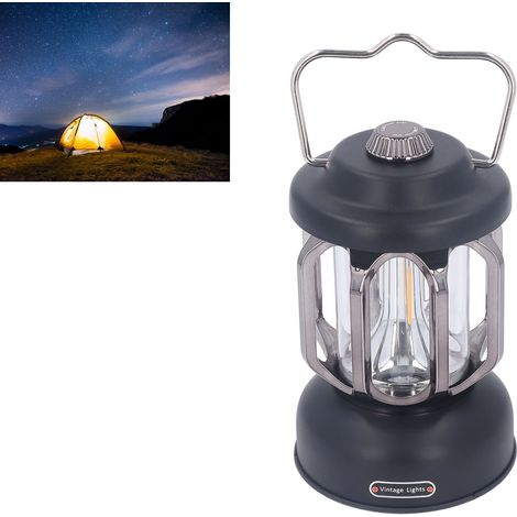 Lampe de camping rétro, LED rechargeable, étanche, alimentée par piles, 3 modes d'éclairage, portable, intensité réglable, lampe suspendue pour tente, terrasse/jardin/pelouse/cheminée, noire (1/5)