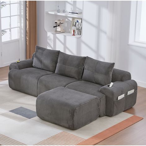Divano modulare 3 posti con pouf, portabicchieri e tasca laterale, grigio scuro DESVIAE (1/5)