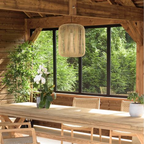 SIXTINE - Suspension 35x35cm bois de teck et rotin couleur naturelle