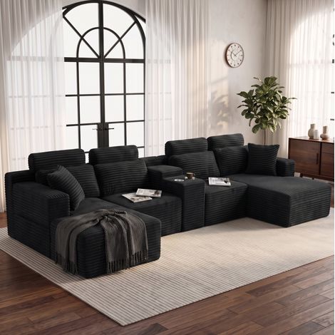 OKWISH Modulares U-förmiges Cord-Sofa mit 2 Getränkehaltern, Schwarz, 372 x 151 x 80 cm (1/5)