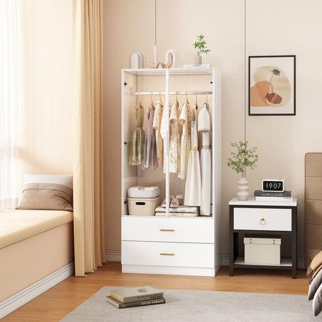 Armoire LED sans fil intelligente - blanche - 2 portes vitrées à charnières+2 tiroirs - 1 tringle - poignées en métal - 80x50x175 cm - Scandinave (1/5)