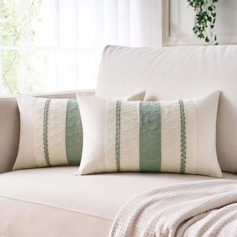 Housse de Coussin Canape 30x50 Vert Sauge Bohème Texturée à Rayures Tissées Décoratives Moderne Housse de Canapé pour Maison Salon Chambre Décoration Lot de 2 (1/5)