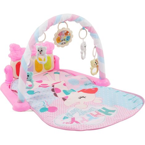 Tapis d'éveil sensoriel pour bébé, avec sons et lumières, et hochet rose pour nouveau-né. (1/5)