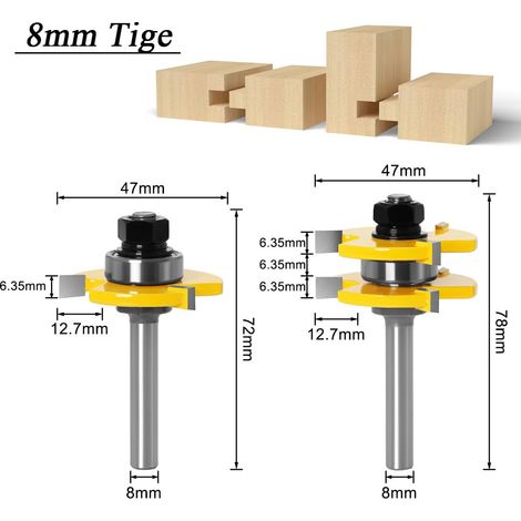 Mesee 8mm Queue Routeur à Rainure, Jeu de 2 Fraises à Rainurer Routeur Bits Outils de Menuiserie Fraise de Rainure en T à 3 Dents pour Travail Coupe du Bois (1/4)
