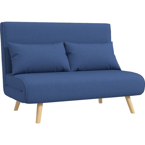 Sofá cama de 2 plazas tapizado en lino con respaldo ajustable en 5 posiciones y 2 almohadas, 120x75x85 cm, azul oscuro (1/5)