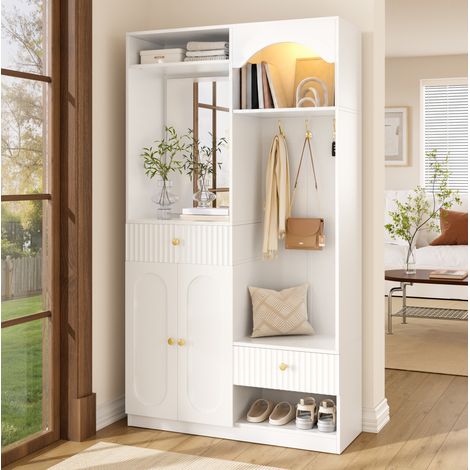 Schuhschrank mit Spiegel, Sitzbank und LED, 100 x 35 x 180 cm, Weiß OKMYHOME (1/5)
