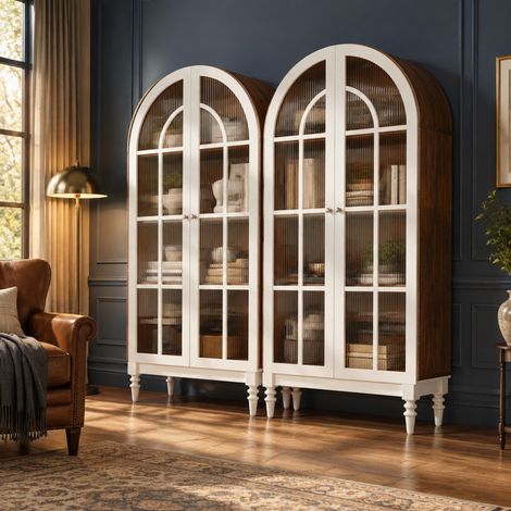 Set de 2 vitrinas altas con puertas dobles de vidrio acanalado, 3 estantes y diseño arqueado blanco – CHICFURN, mueble expositor vintage para salón y comedor (1/5)