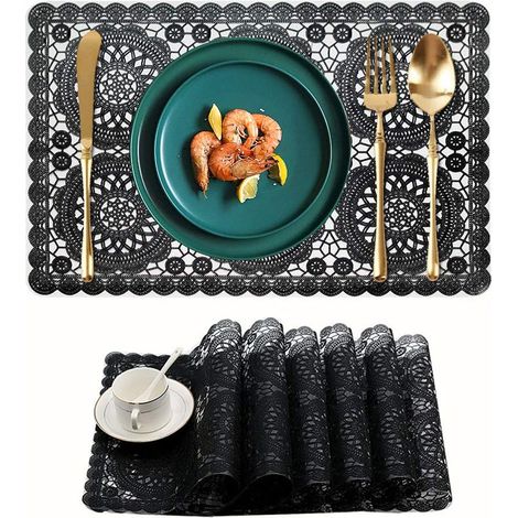 Wasserfeste Kunststoff-Tischsets für das Esszimmer, leicht mit einem Schwamm abzuwischen, aus abwaschbarem PVC-Vinyl, schwarz.