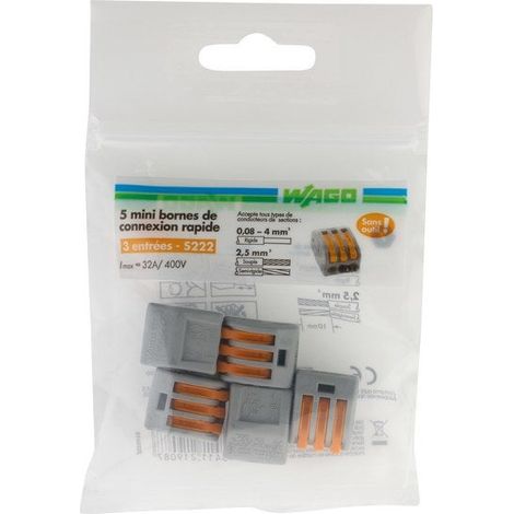 Lot de 5 bornes automatiques à levier pour rigide et souple, WAGO, 2.5 mm²