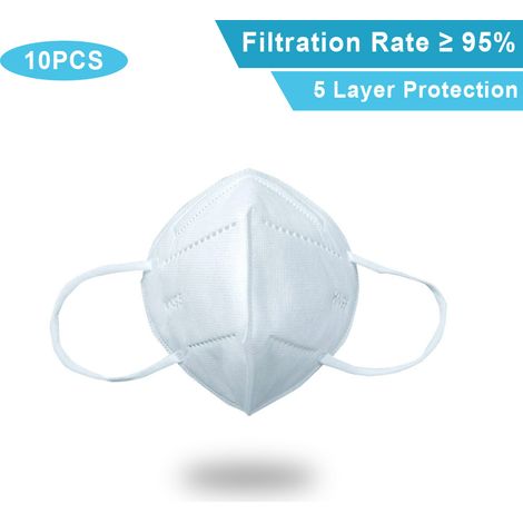 Packung mit 10 Einweg-KN95-Masken, weiß, Filtration ≥95 %, 5 Lagen weiches und atmungsaktives Vliesmaterial, Sicherheitsmasken für den täglichen Schutz vor Staub.