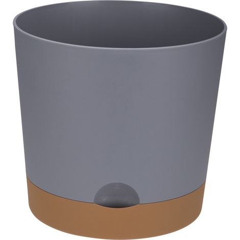 Kunststoff-Blumentopf mit Untersetzer, YUMO DUET-Deckel, 25 cm, mattgraues Material, hellbrauner Untersetzer (1/4)