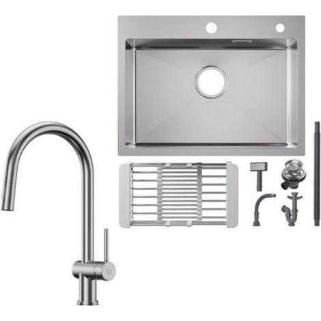 Fregadero de cocina de acero inoxidable 60x45cm lavabo sobre encimera cepillado + grifo de cocina extraíble cepillado con 2 tipos de chorro grifo de cocina alto 425MM (1/5)