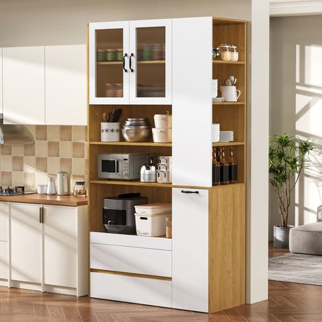 Aparador alto con cajones y estantes regulables, vidrio estriado, MDF blanco y natural (1/5)