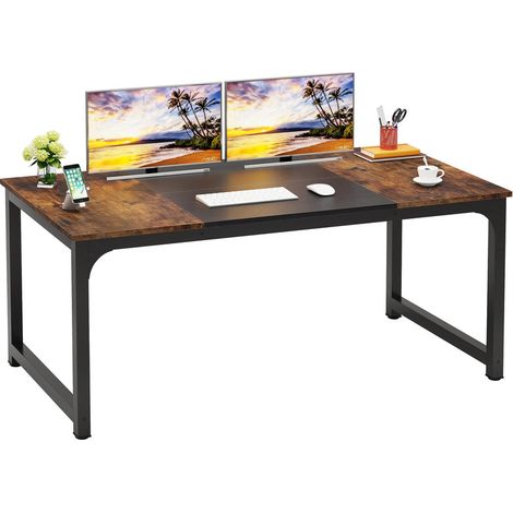 Bureau droit 180x80 cm en bois E1 – Surface spacieuse pour ordinateur et fournitures – Style moderne avec tubes métalliques – Facile à monter – Marron rustique (1/5)