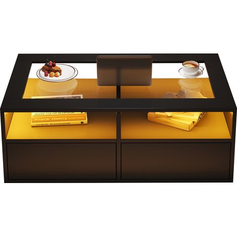 CHICFURN Mesa de centro 100x50x35 cm de vidrio templado negro con LED, 2 cajones (1/5)