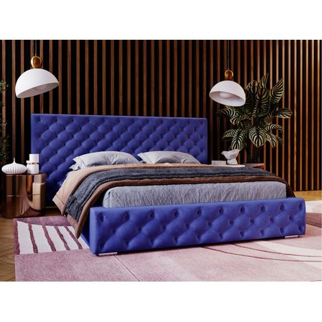 Lit rembourré avec rangement 120x200 velours bleu Madera (1/3)