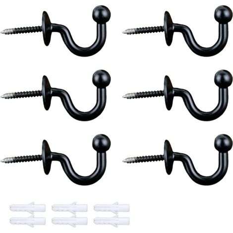 Lot de 6 crochets pour embrasses de rideaux avec 6 vis d'extension, embrasses de rideaux, élégants supports de rideaux en forme de U, crochets muraux, crochets de suspension (noir) (1/5)