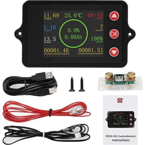 Moniteur de batterie DC 8-100V 100A testeur de batterie indicateur de courant de Batterie capacité moniteur avec capteur shunt en cuivre pur 100A capteur de température et fonction d'alarme