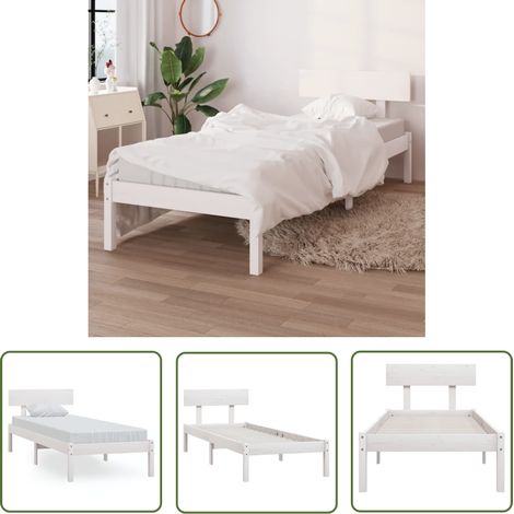 The Living Store Massivholzbett Weiß Kiefer 100x200 cm - Holzbett - Kiefernholzbett - Singlebettt - Weißes Bett - Bett Mit Kopfteil (1/5)