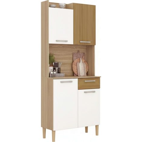 Aparador de Cocina, Mueble Almacenamiento Cocina Gabi 4 puertas 1 cajón espacio Microondas Melamina Blanco mate y Roble 74x175x36 cm