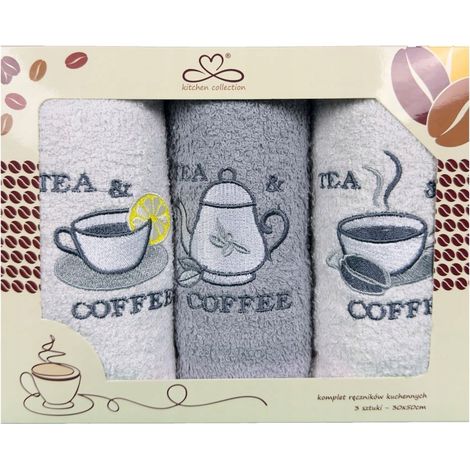 Juego de paños de cocina "Kuchcik" con estampado de café y té, 30x50 cm, gris j, blanco