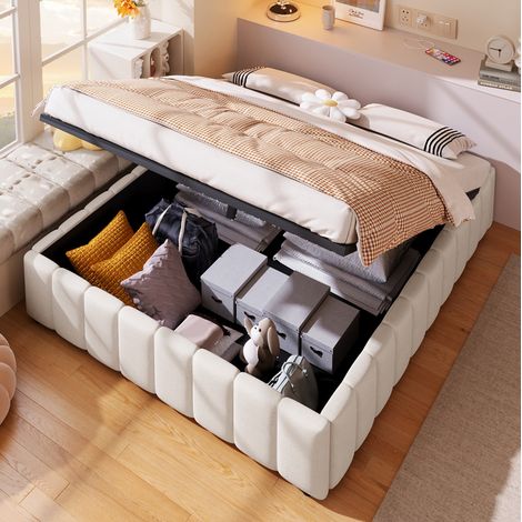 MEUBLIV cama 140x200 cm beige con almacenamiento hidráulico, sin cabecero, sin colchón (1/5)