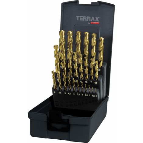 TERRAX by RUKO Brocas espirales juego DIN 338 Tipo N, HSS-G TiN - 25 piezas (Caja de plástico) - A250215TRO (1/2)
