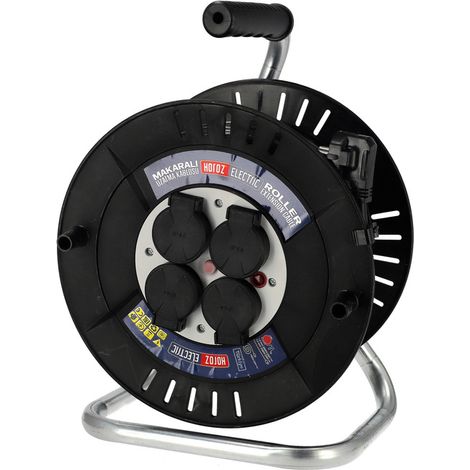 Enrouleur électrique 4 prises 2P+T IP44 noir 30m – 3300W – Pour chantiers humides – Câble 3×2,5mm² – Horoz Electric (1/5)