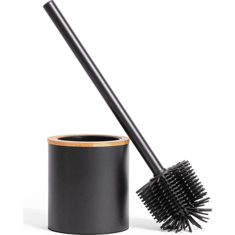 Brosse de Toilette en Silicone et Porte-Brosse de Toilette en Optique Bois - Acier Inoxydable, Tête en Silicone, Design en Bambou - Brosse WC pour Salle de Bain - Le Noir (1/5)