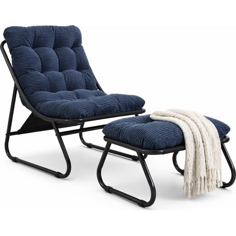 Salon de Jardin 1 Place en Acier avec Chaise Longue, Pouf et Coussin Confortable, Bleu Marine