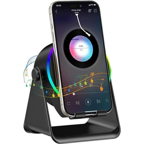 Altoparlante Bluetooth wireless con ricarica a induzione, design 4 in 1 con illuminazione RGB, per telefoni da 4 a 13 pollici, Bluetooth 5.1, riproduzione istantanea (nero) (1/4)