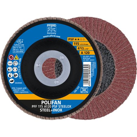 PFERD TOOLS POLIFAN Fächerscheibe PFF 115x22,23 mm flach A120 Uni.-Linie PSF STEELOX Stahl/Edelstahl 10 Stk (1/5)