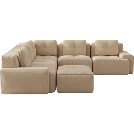 Canapé d’angle modulable en velours côtelé beige, sans structure, assise profonde 74 cm, confort moelleux et antidérapant, grand format salon - CHICFURN (1/5)