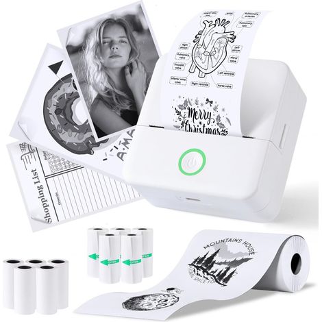 Mini Imprimante - Mini Imprimante Thermique Bluetooth - 200DPI & Sans Encre - Avec 10 Rouleaux de Papier - Pour Étiquettes, Listes & Photos - Portable pour Bureau, École & Maison (1/5)