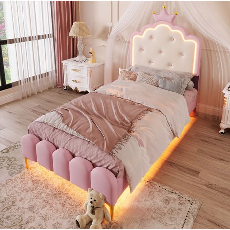 MEUBLIV Letto 90x200 cm rosa - testiera a corona, LED e rete, senza materasso (1/5)